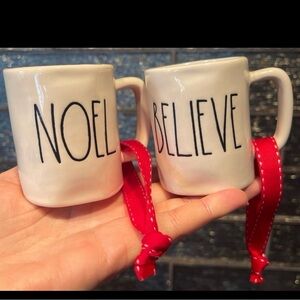 2 Rae Dunn Ornaments Christmas Mug Holiday Ribbons Noel Believe Coffee Cup